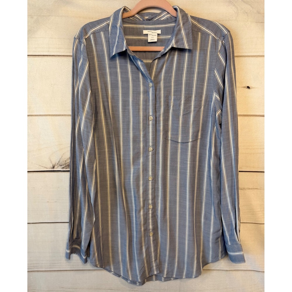 Daily Ritual Womens Blue White Striped Viscose Button Down Shirt Size S Long Slv